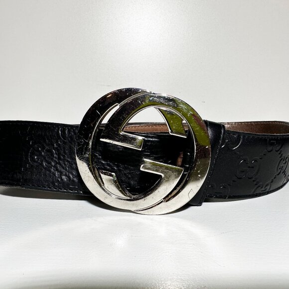 Gucci GG Supreme Embossed Black Leather Belt – Silver Buckle - Picture 1 of 5
